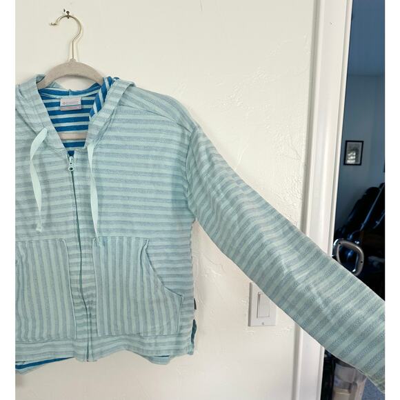 Columbia M teal comfy cozy hoodie zip up sweater aqua stripe outdoor casual top - Picture 2 of 7
